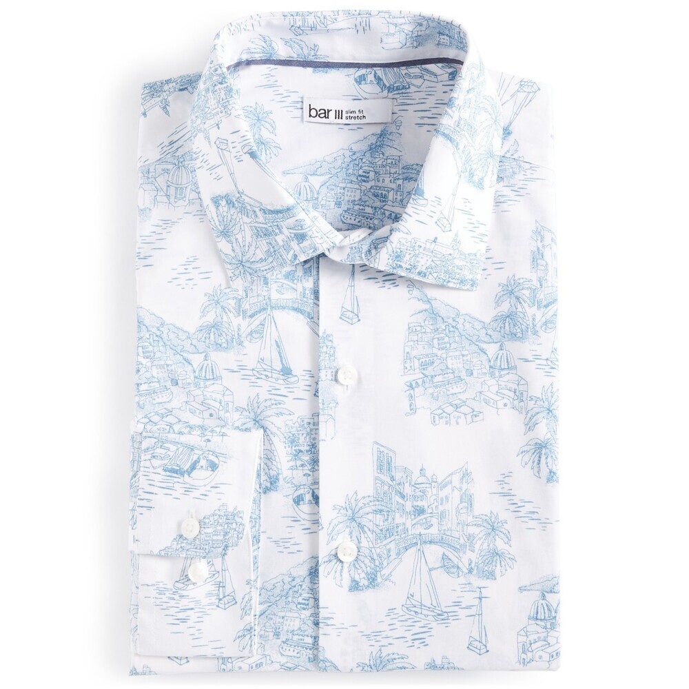 Bar Iii Amalfi Scenic Dress Shirt Men's XL White Blue Printed Slim Fit UPS748
